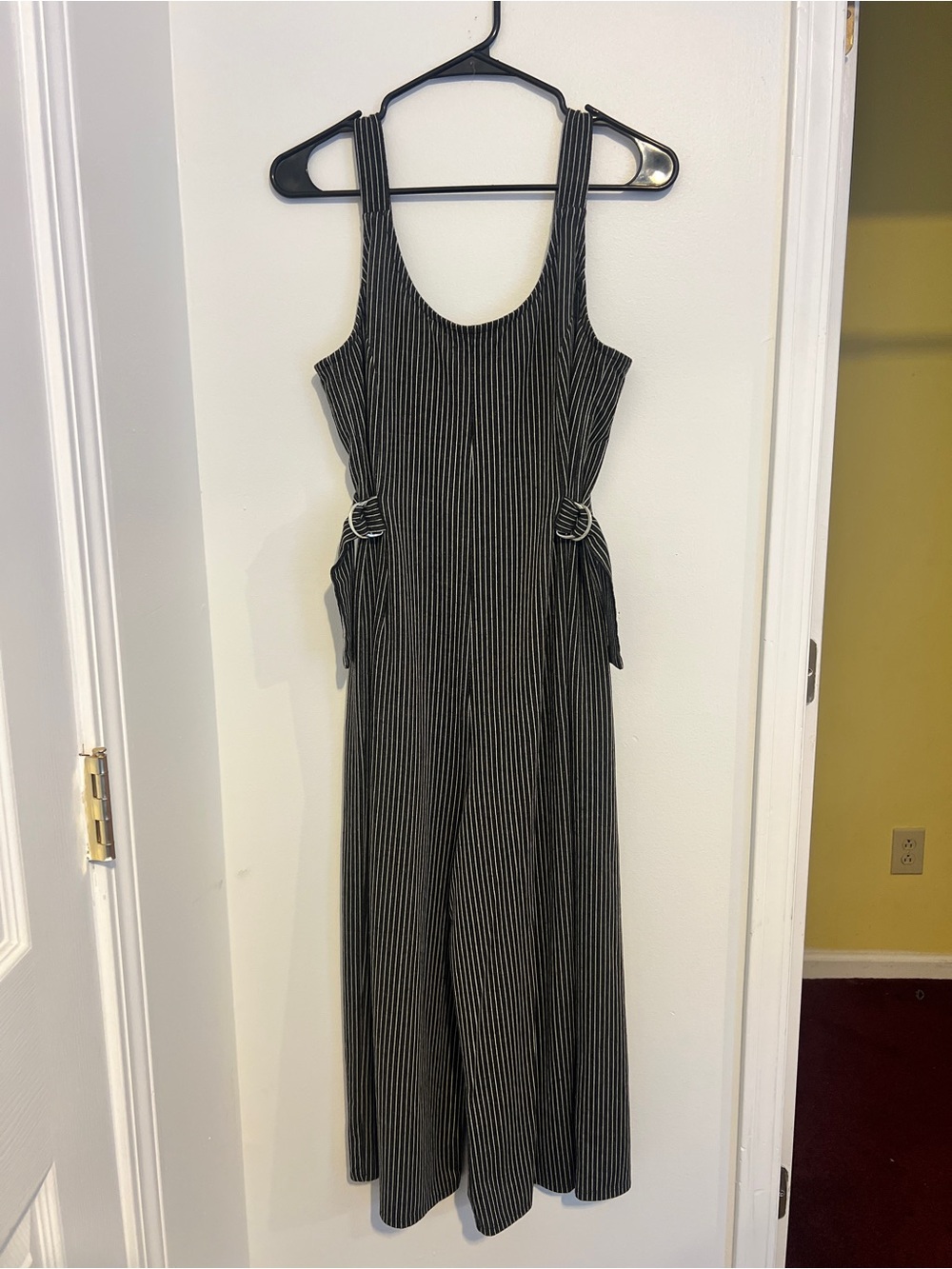 Prana Black and White Pinstripe Midi Jumpsuit
